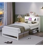 Giantex Twin Bed Frames with Storage Headboard, Wood Platform Bed with Charging Station & LED Lig...
