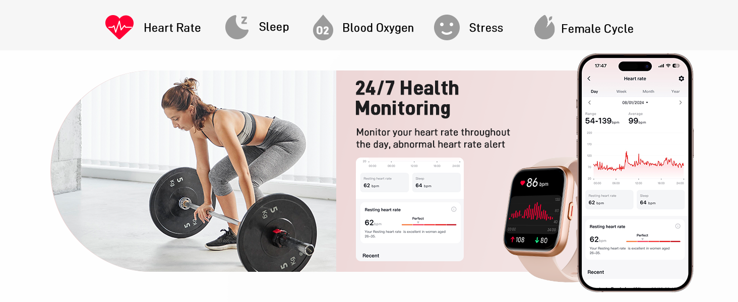 Smartwatch and smartphone displaying health monitoring features including heart rate, sleep, blood oxygen, stress, and female cycle tracking. Woman lifting weights in background.
