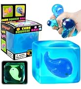 Blue Squeeze Cube with Luminous Whale Inside,Squishy Stress Fidget Gummy Toys ,Glow in The Dark A...