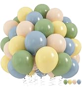 Sage Green Dusty Blue Yellow Balloons Set, 60Pcs 12 Inch Olive Green Macaron Yellow Slate Blue Wh...