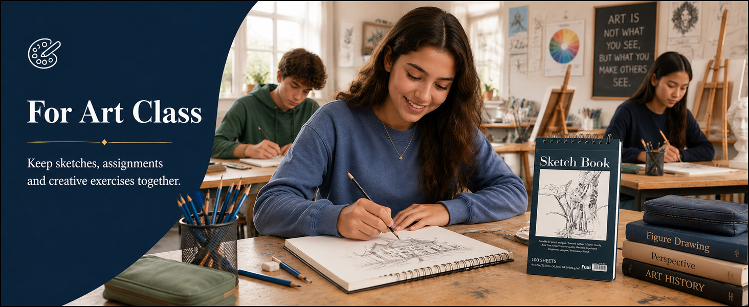 Student using a Fuxi art student sketchbook for drawing and class assignments in an art room.