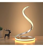 NUÜR Spiral Modern Bedside Lamp (Silver), Stepless Dimmable, 3 Color Temperature, Curved Art Deco...