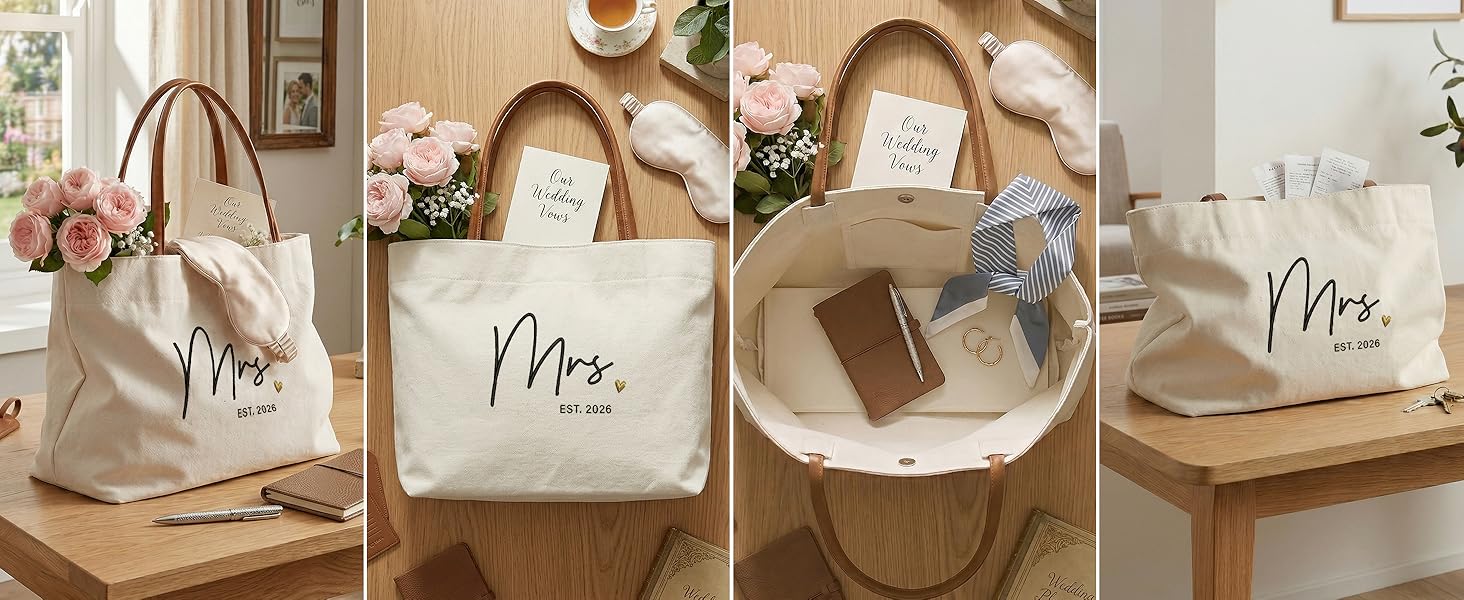 Top view of standing canvas wedding tote showing large capacity magnetic closure and inner pocket.