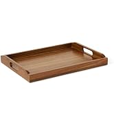 Basics Wooden Serving Tray, 17" x 12" Acacia Wood Decorative Tray Platter With Built-in Ha...