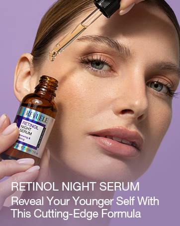 Woman holding bottle of Retinol Night Serum on purple background