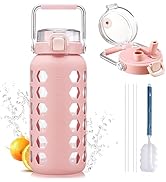 MUKOKO 64oz glass water bottles with Straw and Lid,half gallon water bottle with Time Marker,Larg...