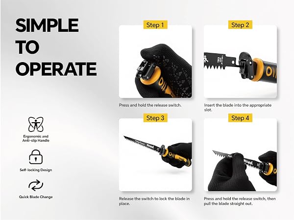 Fit reciprocating blade: Press switch, insert lock; hold switch pull blade out.
