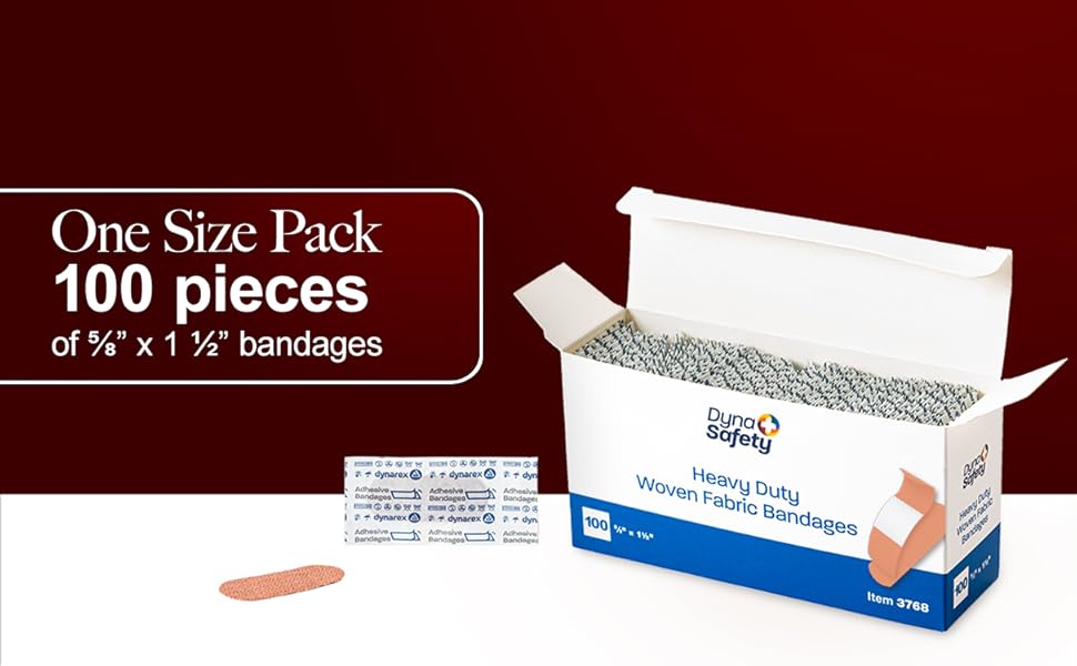 dynarex dynasafety heavy duty woven fabric .625 inch 1.5 inch sterile bandages 100 pieces box