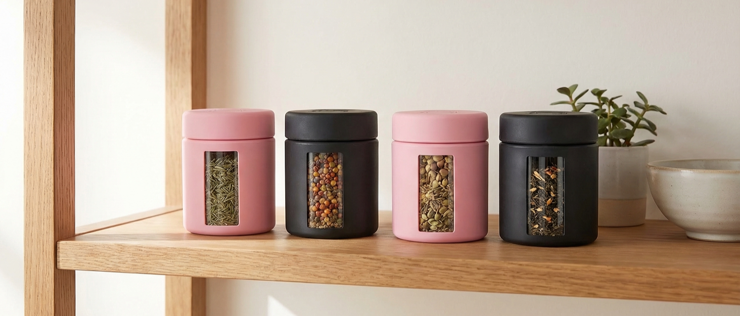 Smell proof container, smell proof jar, jar with window, black jar, pink jar
