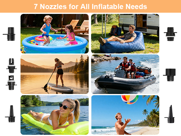 Electric paddle board pump with 7 nozzles for all inflatable needs