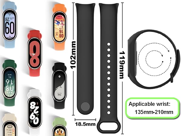 Smartwatch band specifications diagram showing dimensions: 102mm and 118mm lengths, 18.5mm width. Compatible with 135mm-210mm wrist sizes. Various watch faces displayed.