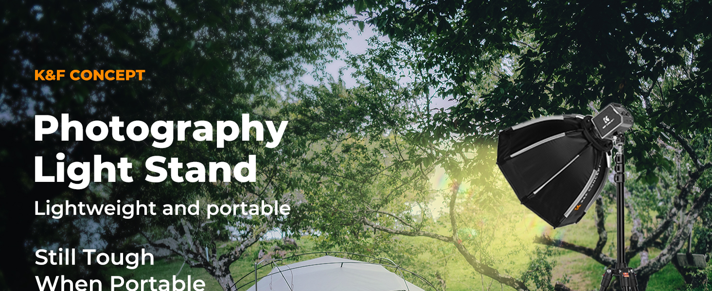 Photography light stand with black octagonal softbox attached. Outdoor setting with trees in background. Text describes it as lightweight, portable, and tough.