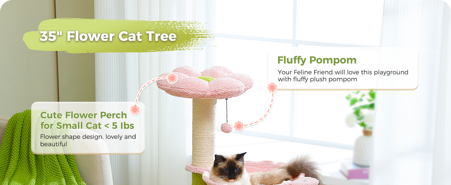 All-in-One Flower Cat Tree Scratching posts, metal hammock, and two-door condo in one cute design.