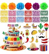 Hooqict 33Pcs Fiesta Cake Decorations Set with Mini Papel Picado Banner, Serape Ribbon, Cactus, T...
