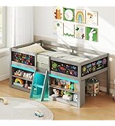Giantex Low Loft Bed with LED Lights, Wooden Twin Size Loft Bed with Ladder & Blackboard, Twin Be...
