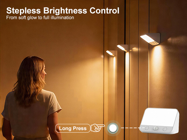Text reads 'Stepless Brightness Control' and 'Free left glow to let illumination.' Woman in profile shown near adjustable warm-toned LED panel lights in modern interior setting.