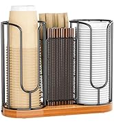 Coffee Cup and Lids Holder - Disposable Cups Straws Organizer with Wooden Base - Paper Plastic Cu...