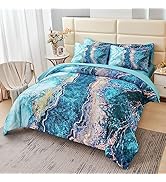 PERFEMET 6 Pcs Teal Marble Comforter Set Queen Watercolor Marble Printed Quilt Set Luxury Retro A...
