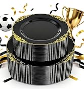 Joyido 102PCS Black and Gold Plastic Plates - Black Disposable Plates - Heavyweight Disposable Pl...