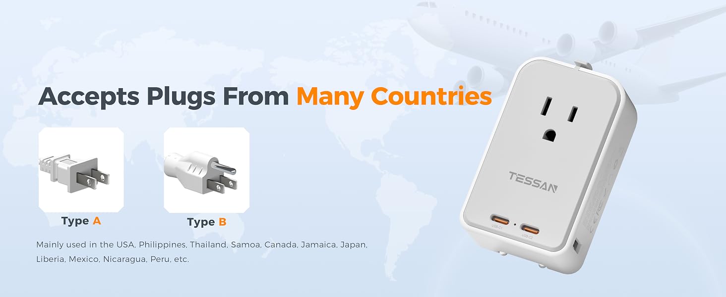 Universal Travel Plug Adapter: TESSAN power adapters for international travel covers over 150