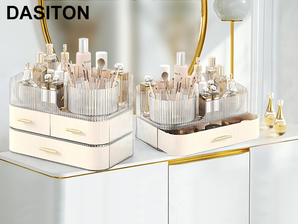 Dasiton cosmetic organizer with transparent compartments and white drawers. Features separate sections for makeup brushes, bottles, and other beauty products. Displayed on a white surface with gold accents.