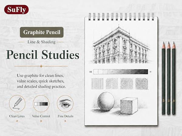 SuFly pencil sketchbook with line drills, value scales, hatching, forms, and shading.