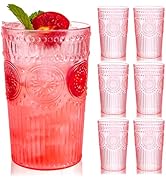Ciaell 12 Pack Romantic Plastic Water Glasses - 14 Oz Pink Vintage Drinking Glasses, Embossed Rib...