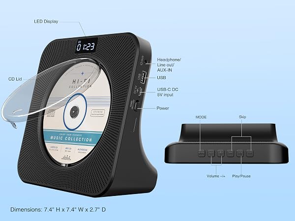 MEGATEK CP28BR Portable CD Player with Compact Desktop Design, Remote Control, On-Unit Keys
