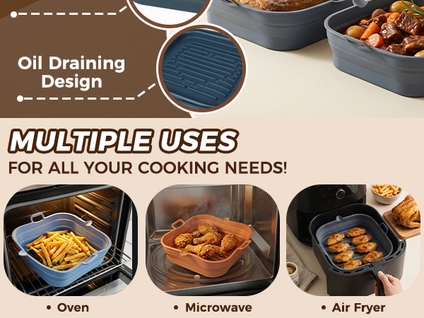 Text reads 'Oil Draining Design' and 'MULTIPLE USES FOR ALL YOUR COOKING NEEDS!'. Black square air fryer basket with oil drainage holes. Shows three cooking applications: Oven, Microwave, Air Fryer with food examples displayed.
