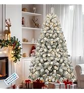 YITAHOME Prelit Snow Flocked Christmas Tree 6ft with Remote | Hinged Pine Christmas Tree w/ 250 W...