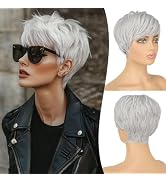 FESHFEN Pixie Cut Wigs Synthetic Platinum Grey Short Pixie Haircut Wig with Bangs Glueless Layere...