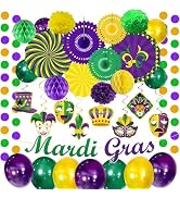 34PCS Mardi Gras Decorations Party Kit - Paper Fans Pom Poms Hanging Swirls Honeycombs Balloons G...