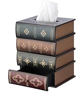 Hoowen Antique Wooden Book Tissue Holder with Storage Drawer, Square Tissue Box Cover Decorative ...