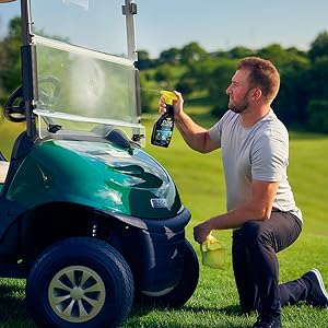 Invisible Glass Clear Plastic Cleaner being used to clean a golf cart windshield