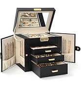 AKOZLIN 4-Tier Jewelry Box Leather Jewelry Storage Organizer with 3 Drawers Lockable for Women Gi...