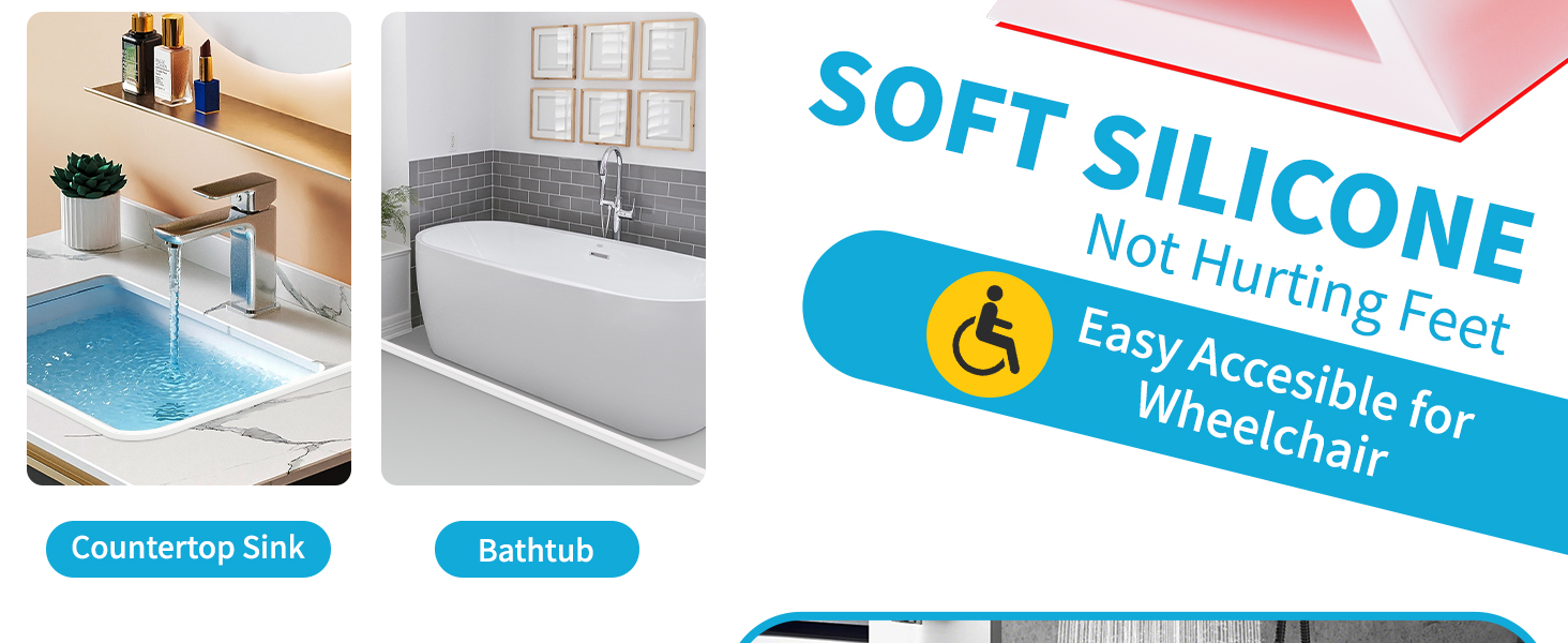 Text reads 'SOFT SILICONE' and 'Stop Hurting Your Self & Bedroom Walls for Deflectors!' Two product application photos showing bathroom and bedroom installations with blue circular brand badges.