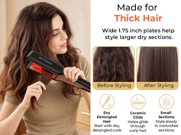 HITTIONA 175 wide ceramic flat iron for thick hair and larger dry hair sections