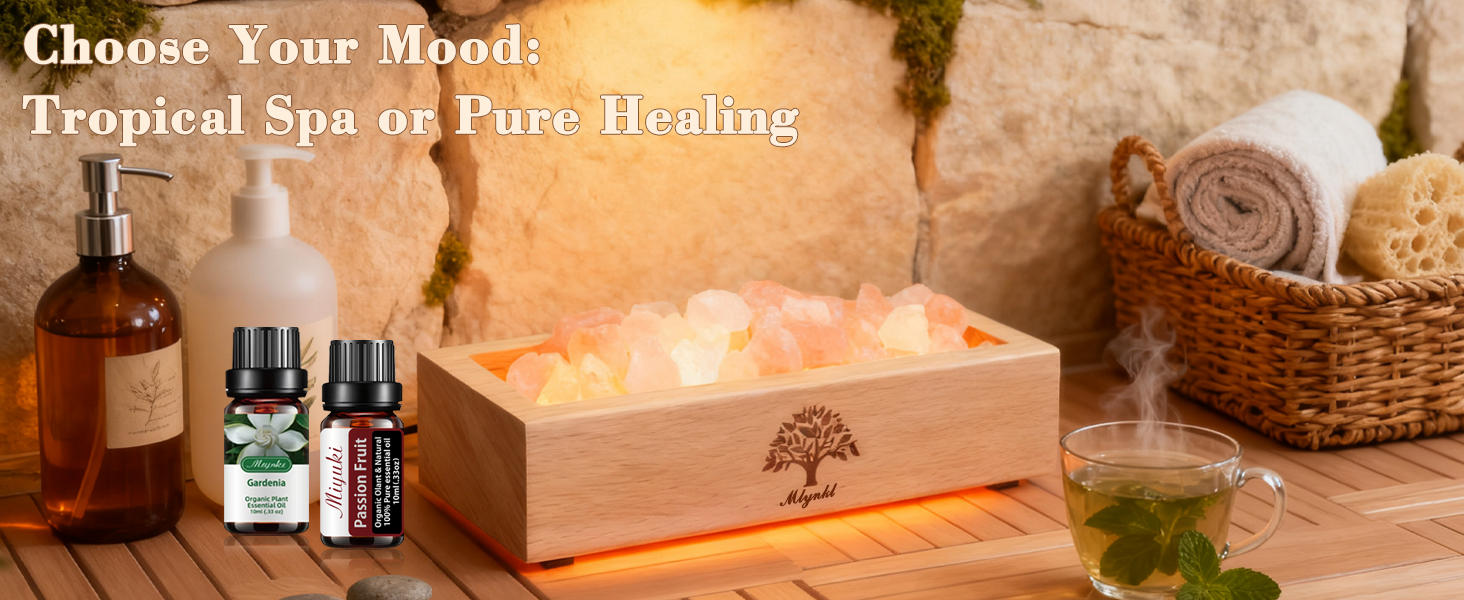 Gardenia & Passion Fruit Essential Oils with Himalayan Salt Lamp for Spa Ambiance & Mood Enhancement