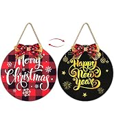 Christmas Wooden Buffalo Plaid Wreath Hanging Sign, Double Sided Xmas Happy New Years Welcome Doo...