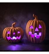 FESTGLOX Terracotta Jack-o’-Lantern Pumpkins, LED Halloween Pumpkin Decor | 2Pcs Light Up Pumpkin...