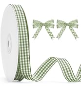 KINGLAKE Sage Green Gingham Ribbon - 5/8'' x 50 Yards Moss Green and White Ribbon for Gift Wrappi...