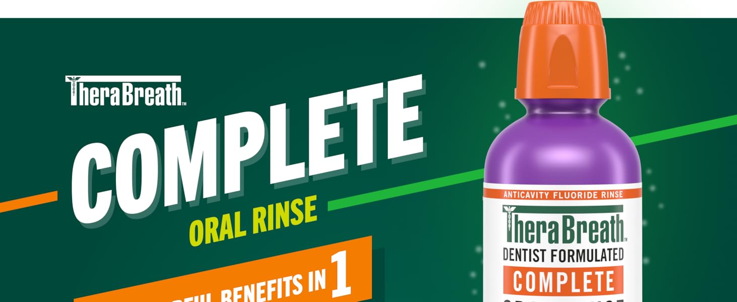 TheraBreath Complete Oral Rinse, 6 powerful benefits in 1, green background with purple rinse bottle
