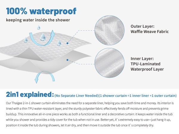 Our Thaigee 2-in-1 shower curtain eliminates the need for a separate liner,