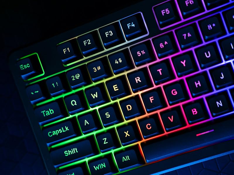 A close of up the left side of the keyboard showing the multi colored RGB lighting