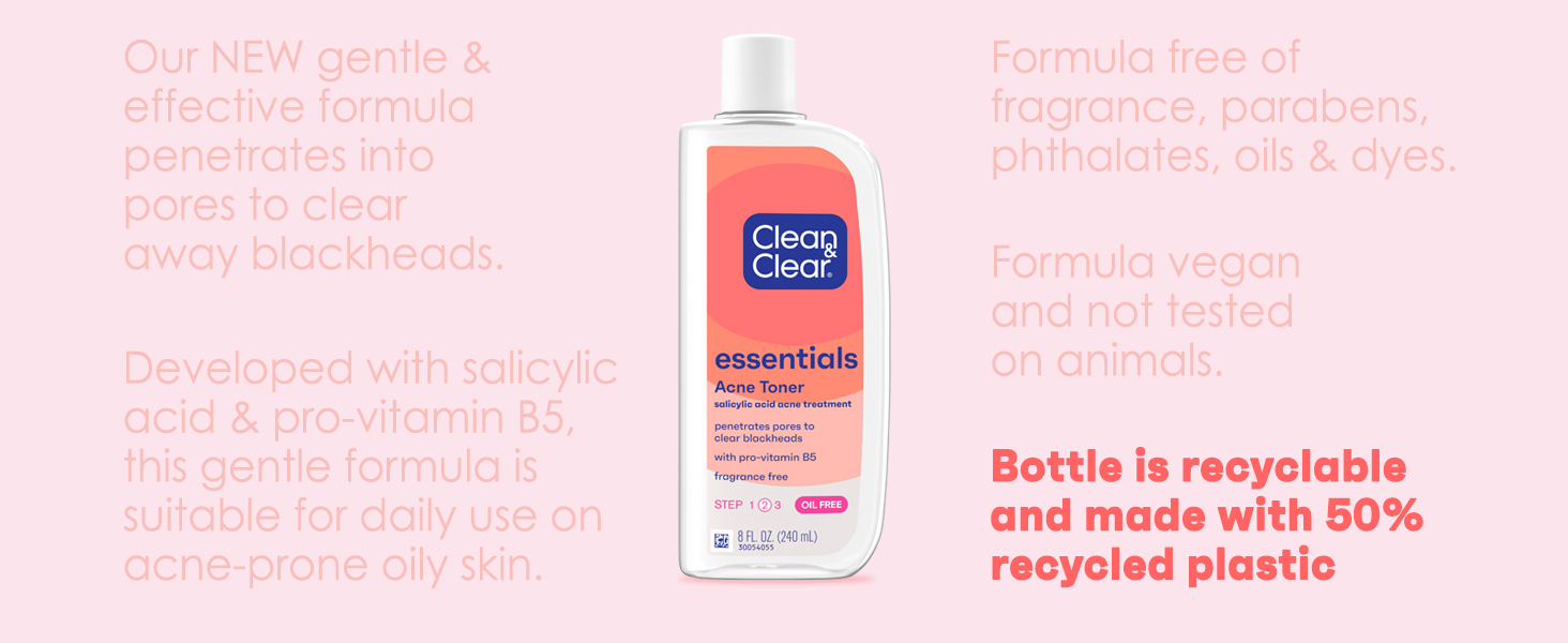 bottle of Clean & Clear Essentials Acne Toner on coral colored background, bottle is recyclable