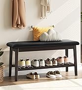 HOOBRO Bamboo Shoe Bench with Upholstered Seat, 2-Tier Entryway Storage Bench, Dining Bench, for ...