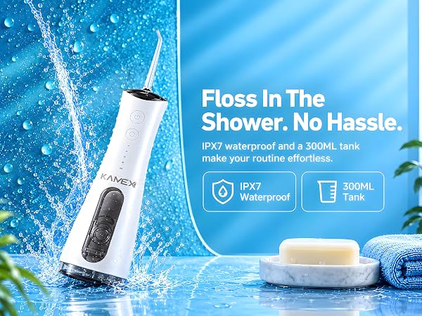 Water Flosser for teeth cleaning showing water splashing emphasizing IPX7 waterproof & 300ml tank.
