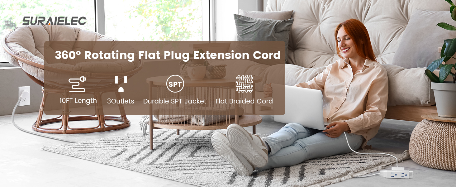 360° Rotating Flat Plug Extension Cord 10ft