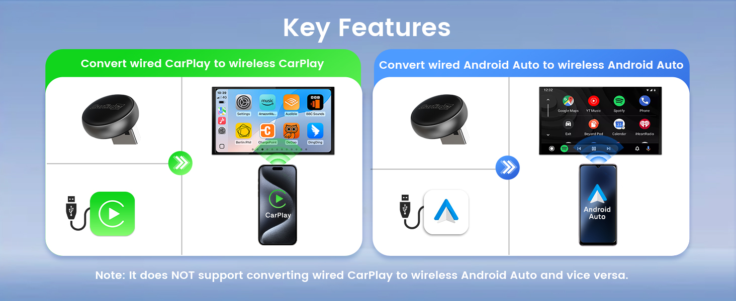 convert wired carplay to wireless carplay and convert wired android auto to wirelss android auto