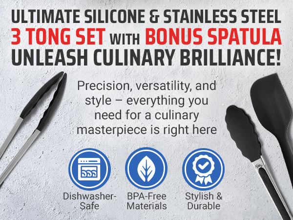 Ultimate Silicone & Stainless Steel 3 Tong Set with Bonus Spatula Unleash Culinary Brilliance!